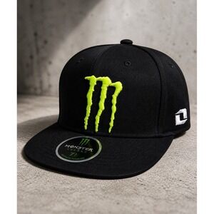 Monster Energy Snapback Hat Black Neon Logo Flat Brim Cap 7 1/4 New